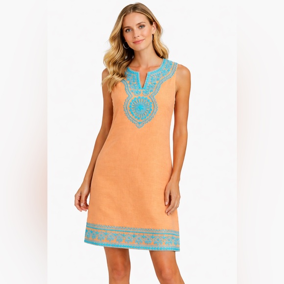 bella tu Dresses & Skirts - Embroidered Orange Midi Tank Dress with Turquoise Detail Linen Size 4 Small